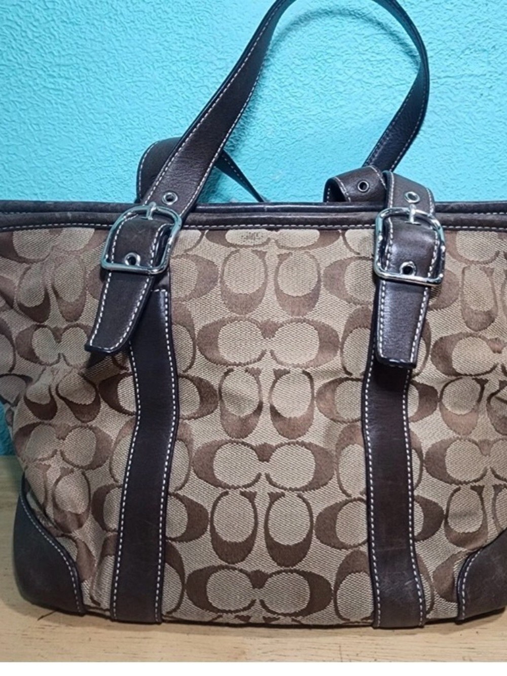 Coach Brown Signature Canvas Tote with Dark Brown Leather Trim - Picture 4 of 8